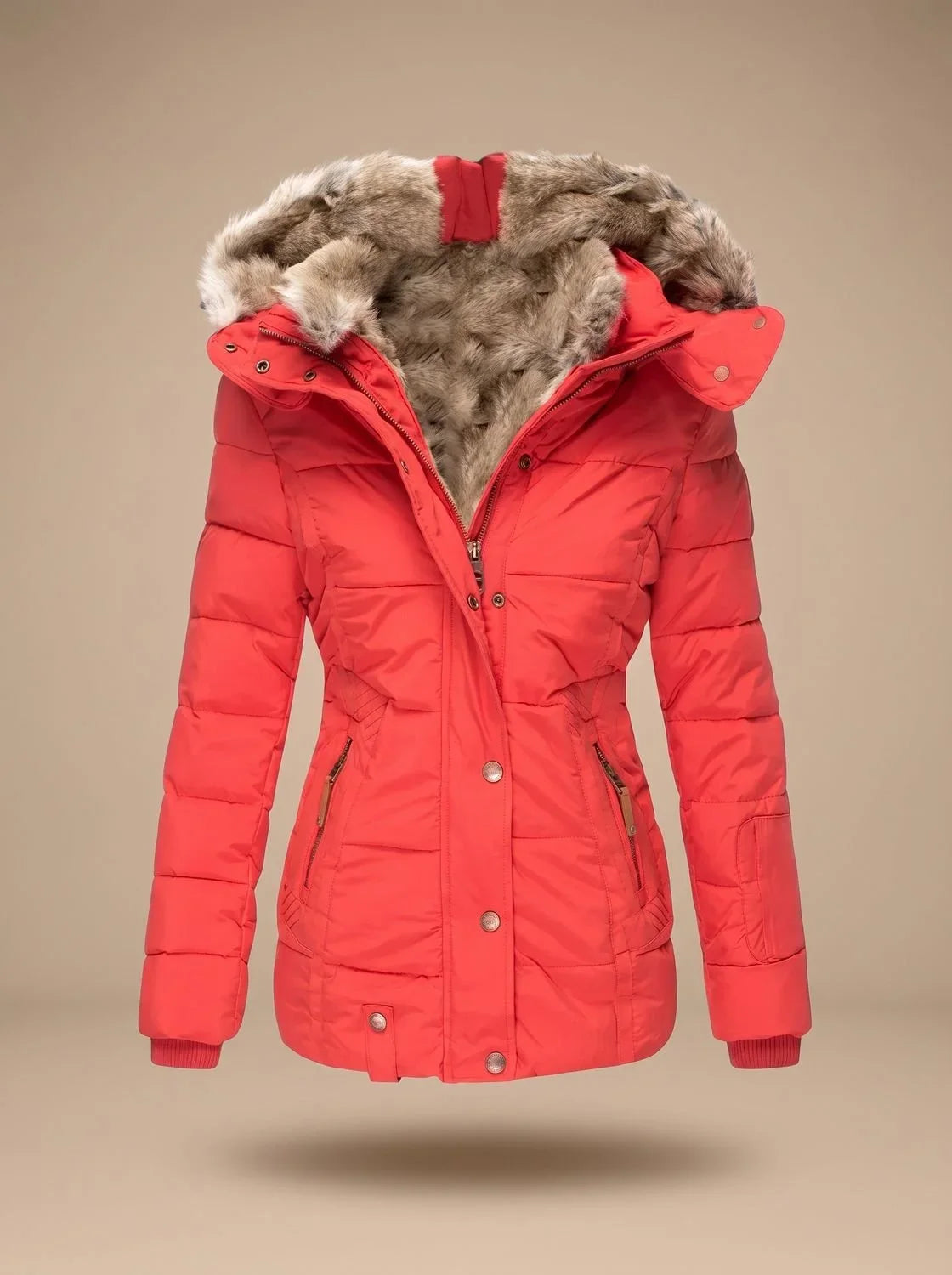 Women's Quilted Hooded Puffer Coat with Fur-Look Hood Trim
