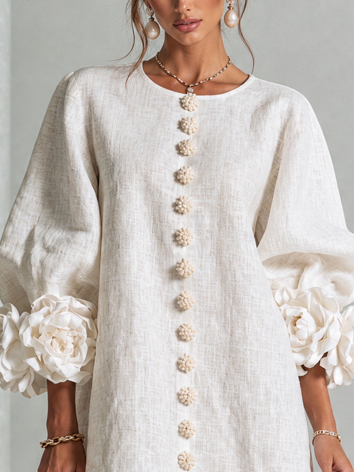 Women's Button-Front Mini Dress with Floral Cuffs and Puff Sleeves
