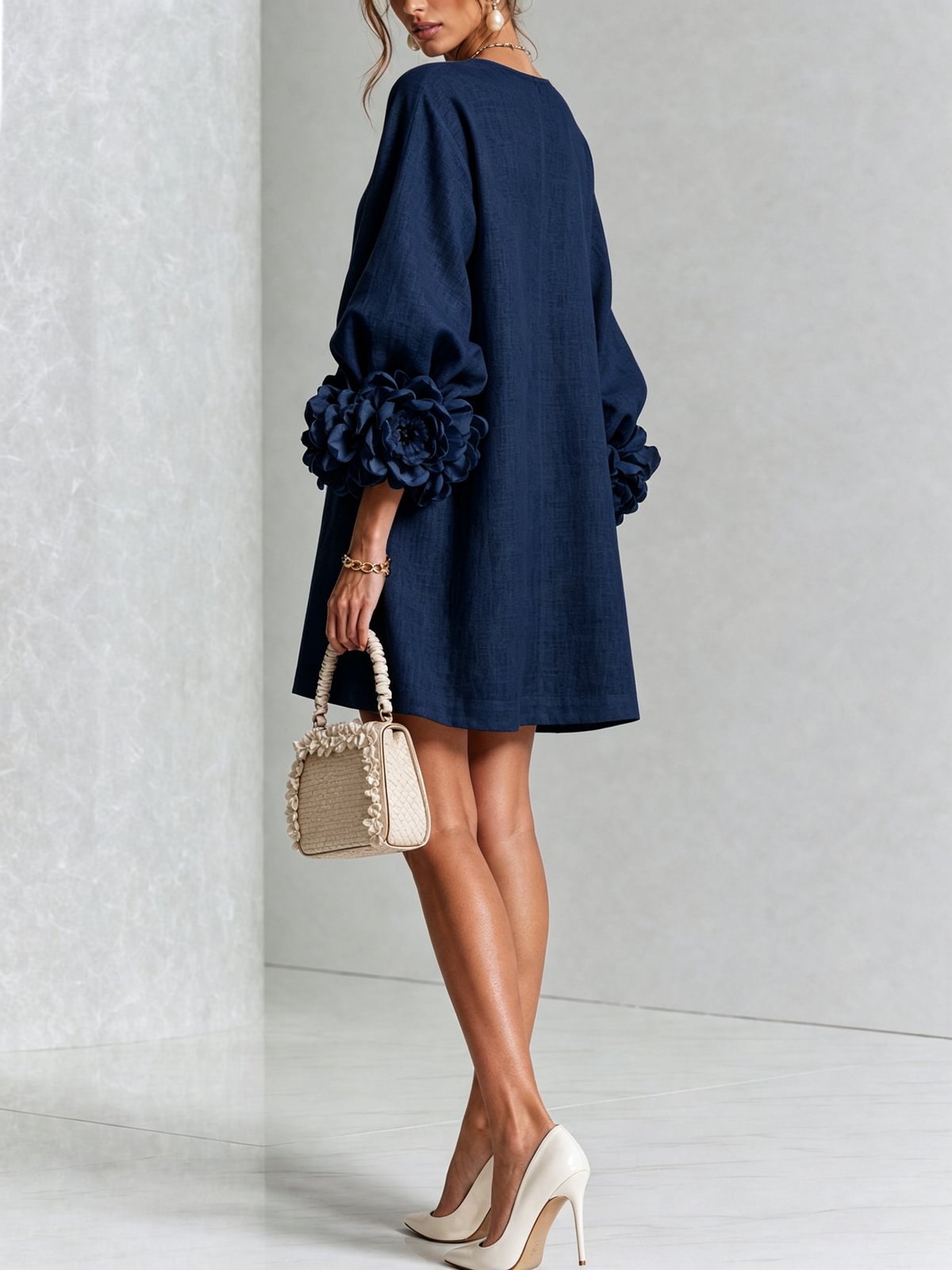 Women's Button-Front Mini Dress with Floral Cuffs and Puff Sleeves