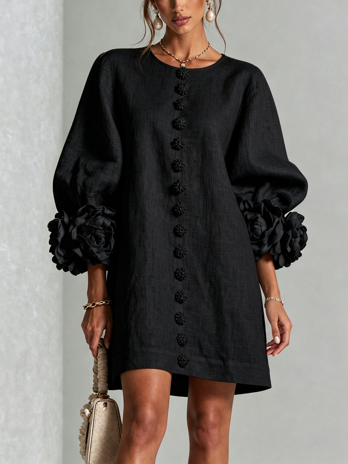 Women's Button-Front Mini Dress with Floral Cuffs and Puff Sleeves