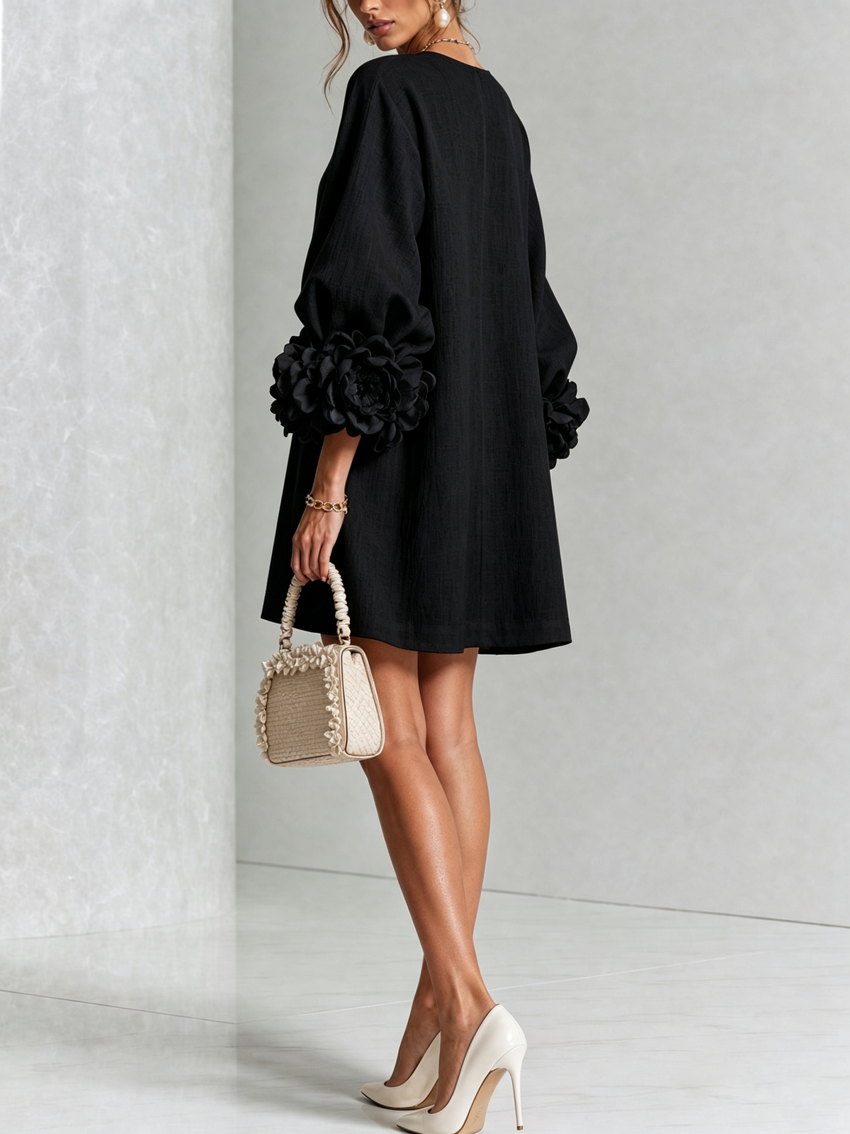 Women's Button-Front Mini Dress with Floral Cuffs and Puff Sleeves