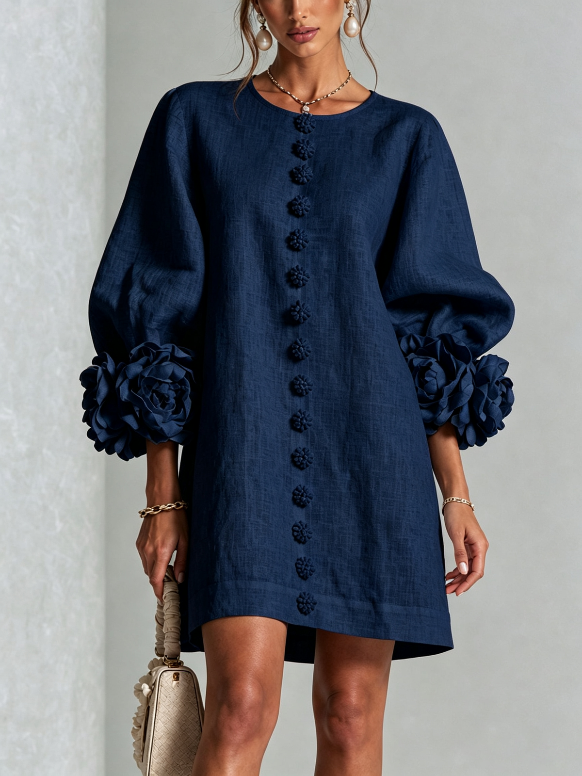 Women's Button-Front Mini Dress with Floral Cuffs and Puff Sleeves