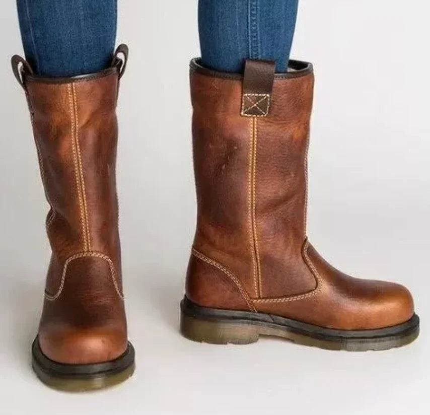 Women's Tall Boots with Rounded Toe and Contrast Stitch Details