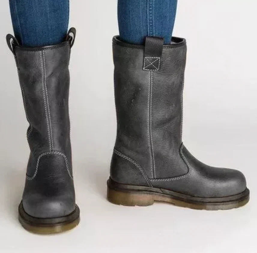 Women's Tall Boots with Rounded Toe and Contrast Stitch Details