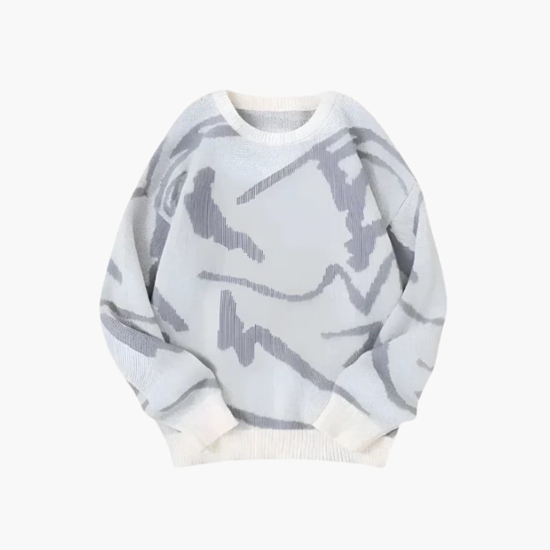 Men's Crewneck Sweater with Abstract Pattern and Ribbed Cuffs