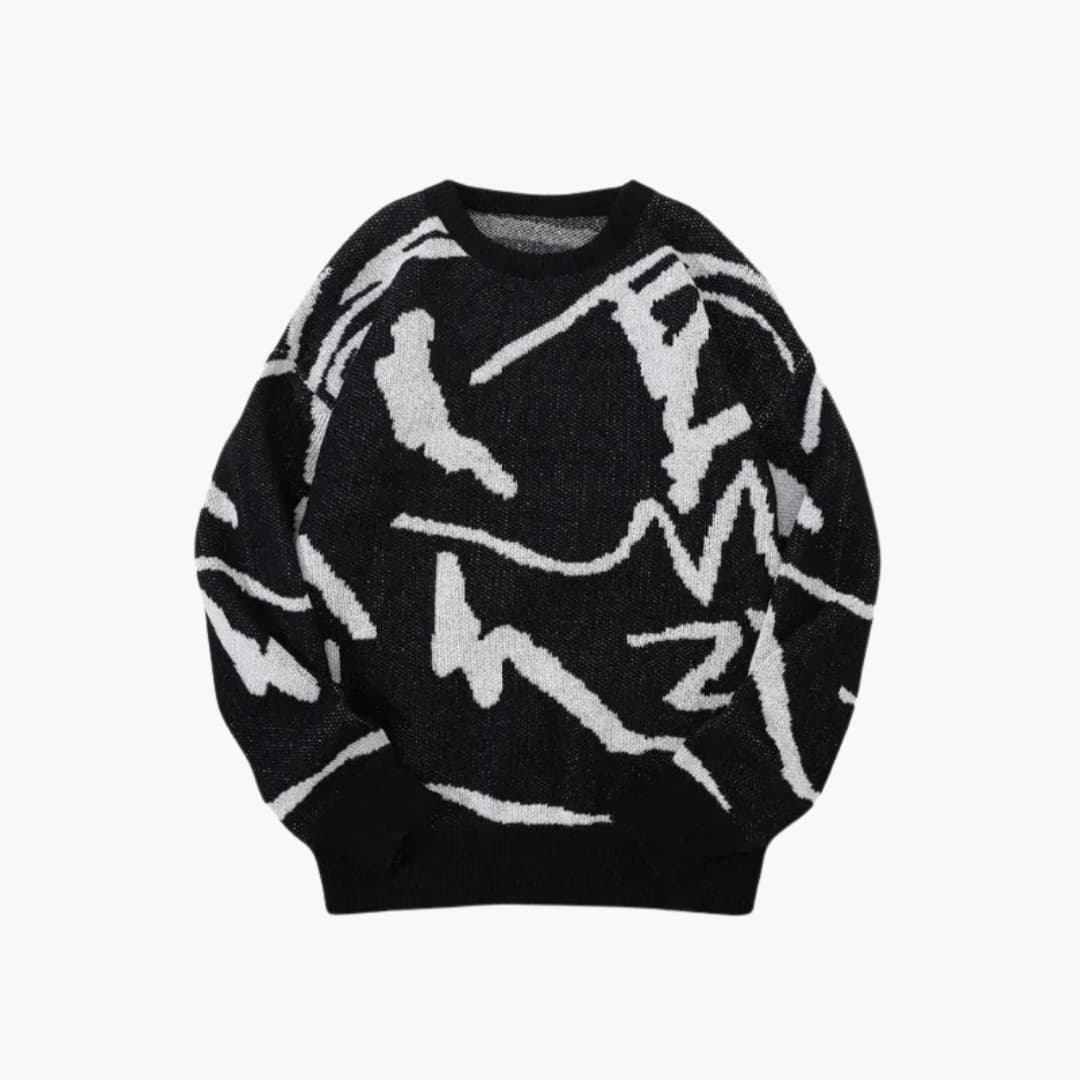 Men's Crewneck Sweater with Abstract Pattern and Ribbed Cuffs