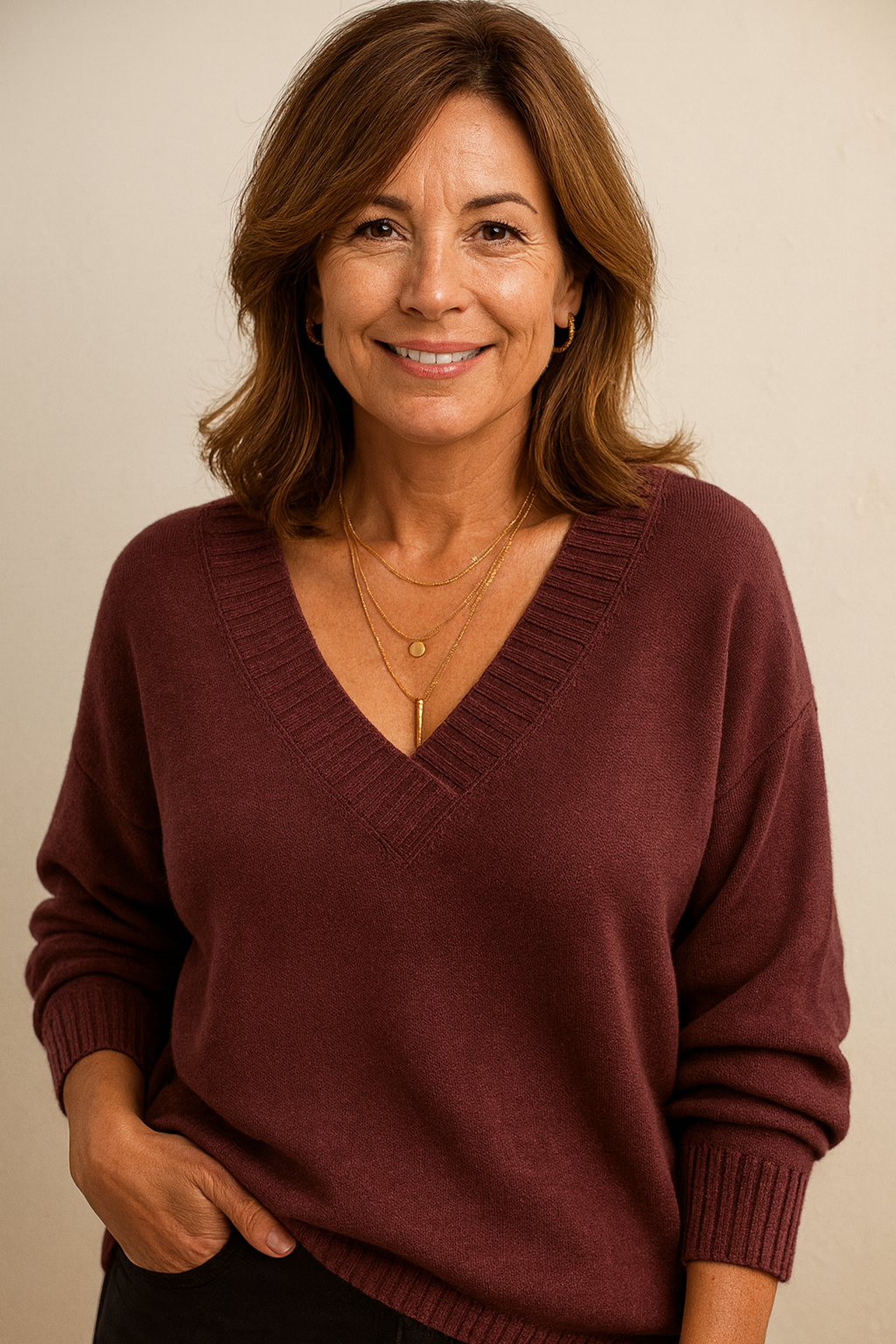Women's V-Neck Knit Sweater with Long Sleeves and Regular Fit