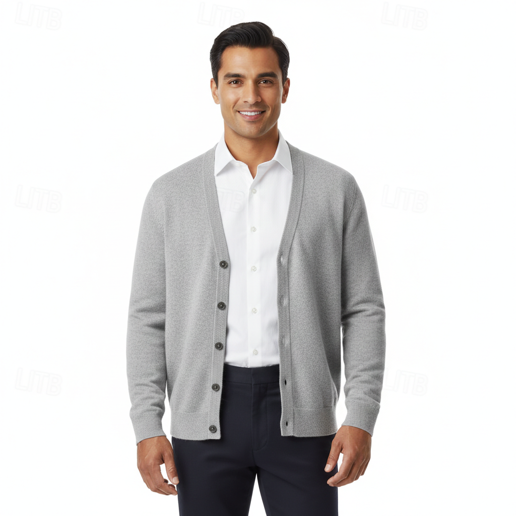 Men's V-Neck Button-Front Cardigan with Long Sleeves and Regular Fit