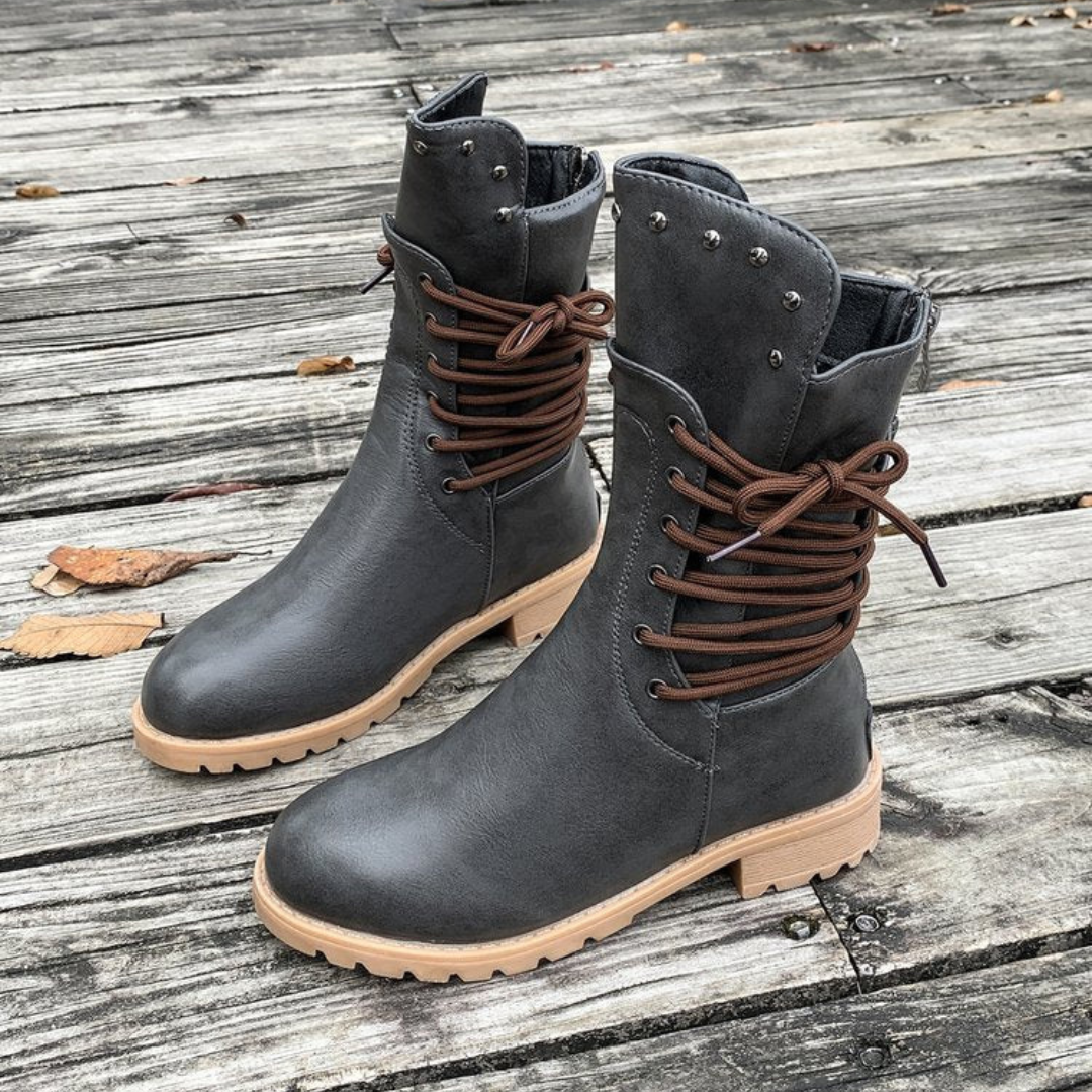 Women's Lace-Up Ankle Boots with Side Zipper and Low Heel
