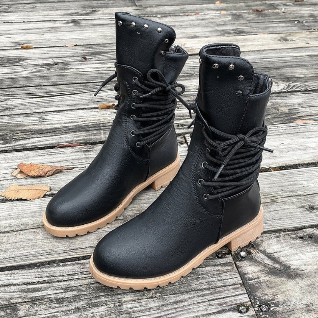 Women's Lace-Up Ankle Boots with Side Zipper and Low Heel