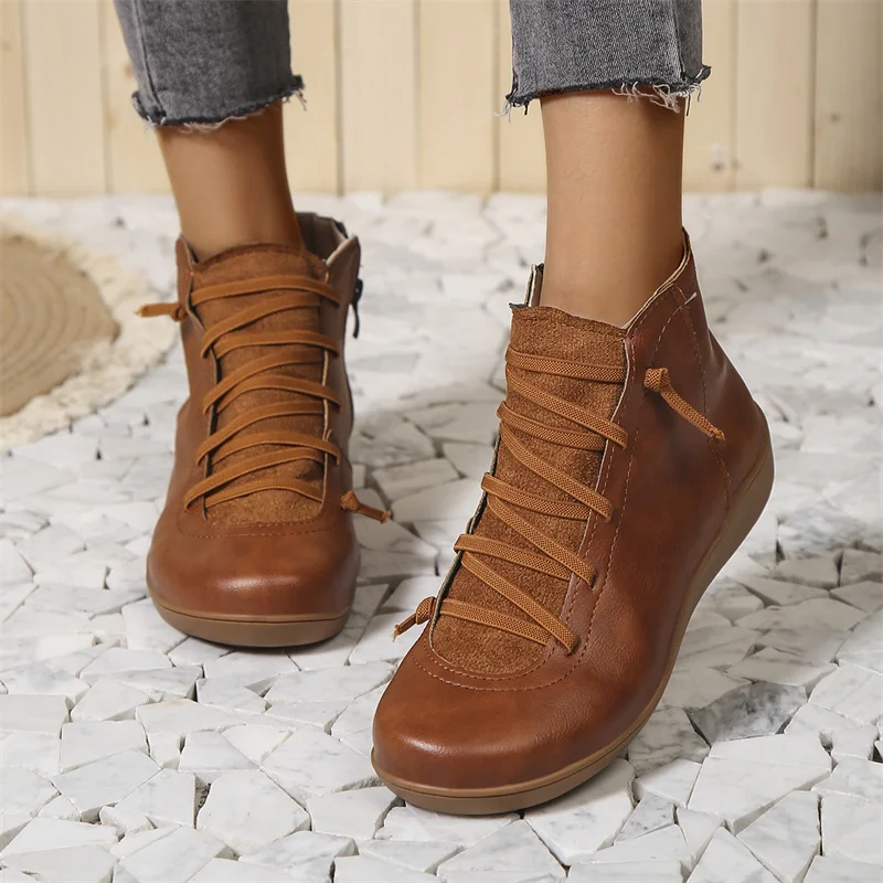 Women's Lace-Up Ankle Boots with Wraparound Strap and Shaped Heel