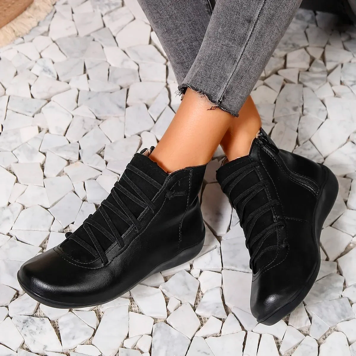 Women's Lace-Up Ankle Boots with Wraparound Strap and Shaped Heel