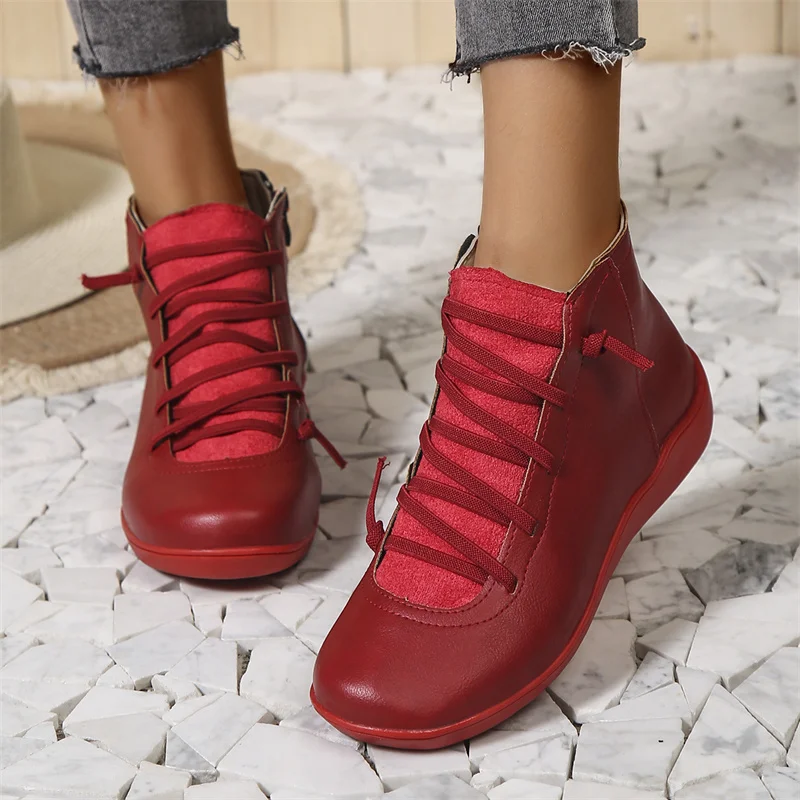 Women's Lace-Up Ankle Boots with Wraparound Strap and Shaped Heel
