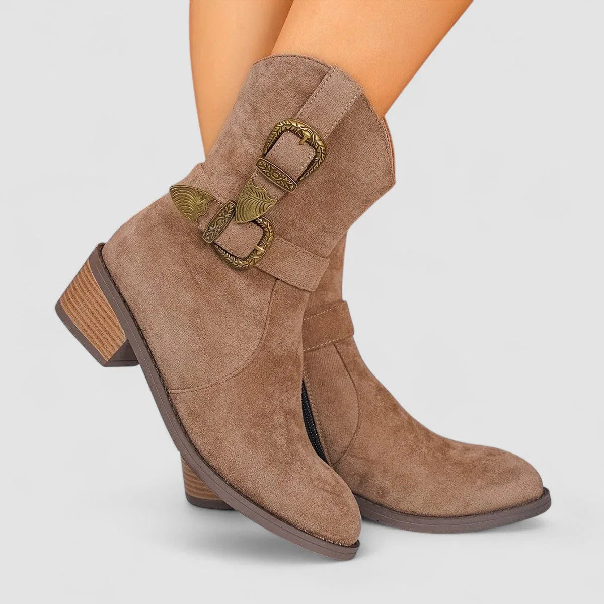 Women's Western Ankle Boots with Buckle Straps and Block Heel
