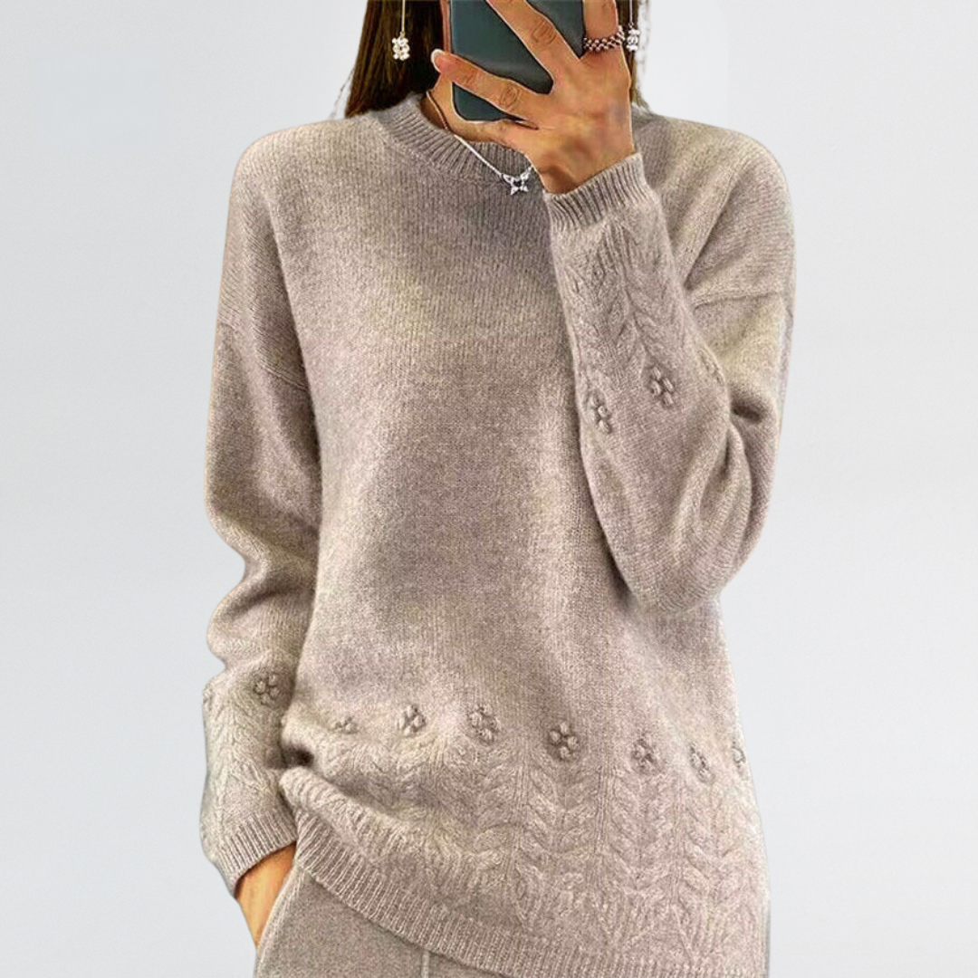 Women's Crewneck Knit Sweater with Textured Hem Details and Long Sleeves