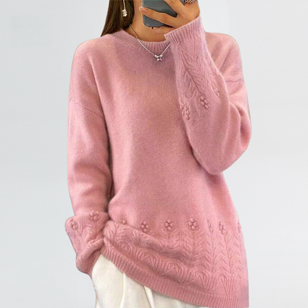 Women's Crewneck Knit Sweater with Textured Hem Details and Long Sleeves