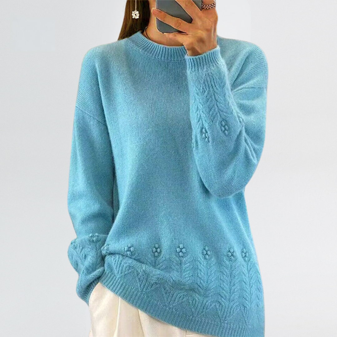 Women's Crewneck Knit Sweater with Textured Hem Details and Long Sleeves