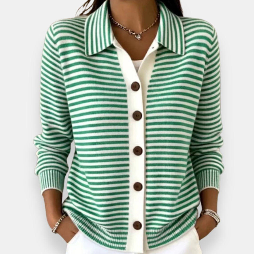 Women's Striped Button-Front Cardigan with Collar and Ribbed Edges