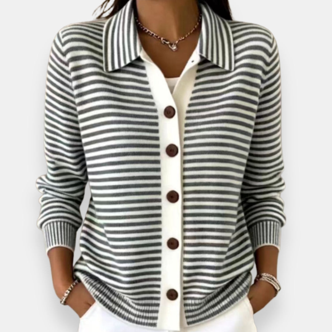 Women's Striped Button-Front Cardigan with Collar and Ribbed Edges