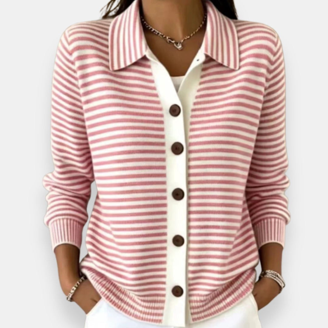 Women's Striped Button-Front Cardigan with Collar and Ribbed Edges