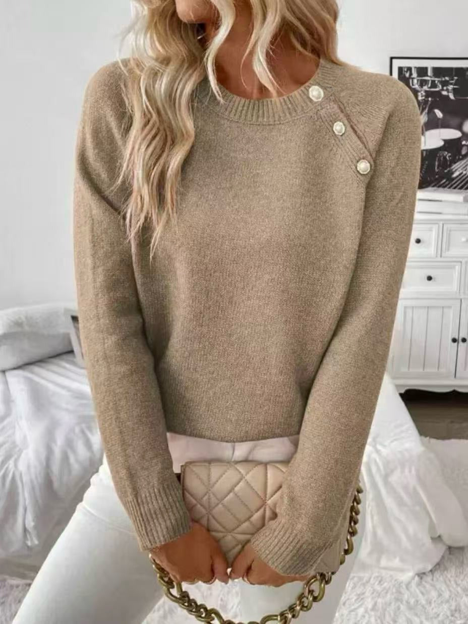 Women's Knit Sweater with Pearl-Look Shoulder Buttons and Relaxed Fit