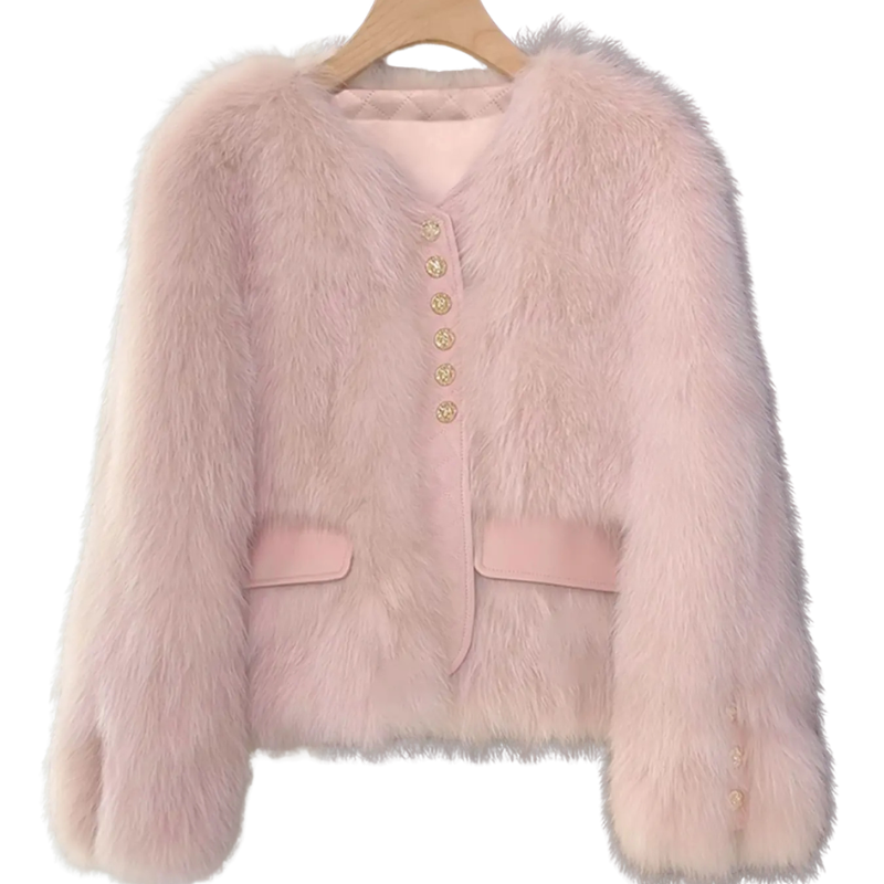 Women's Fur-Look Panel Jacket with V-Neck and Decorative Buttons