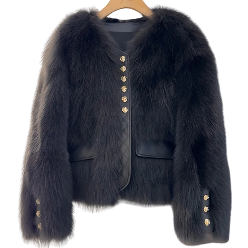 Women's Fur-Look Panel Jacket with V-Neck and Decorative Buttons