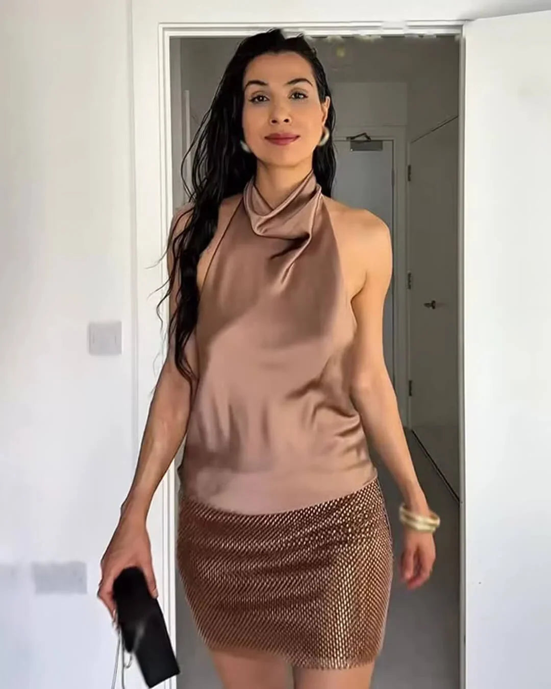 Women's Sleeveless Halter Top with Draped Cowl Neck and Fitted Shape