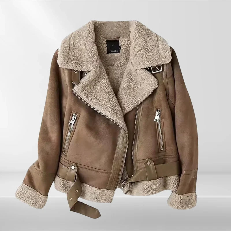 Women's Cropped Moto Jacket with Asymmetric Zipper and Wide Lapels