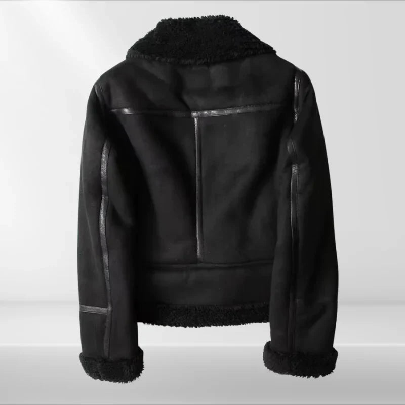 Women's Cropped Moto Jacket with Asymmetric Zipper and Wide Lapels