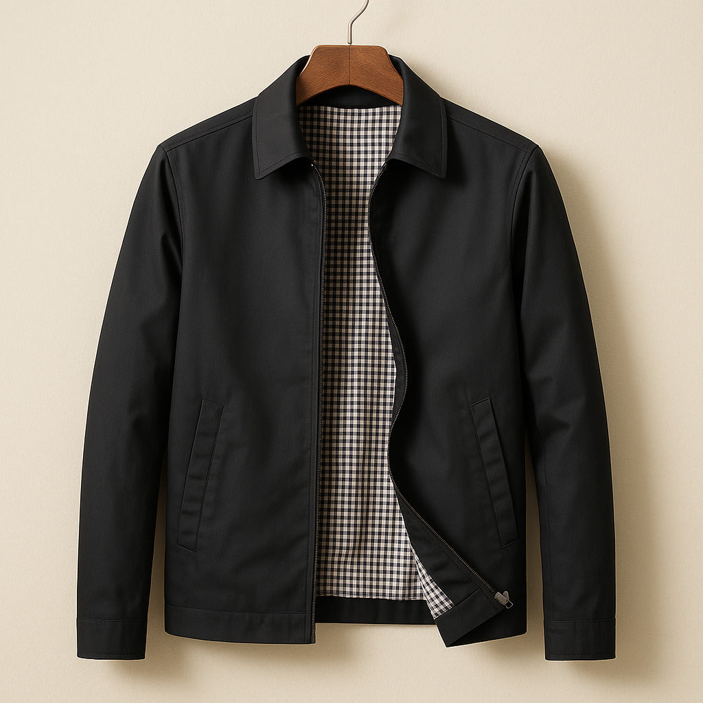 Men's Zipper Jacket with Pointed Collar and Plaid Lining