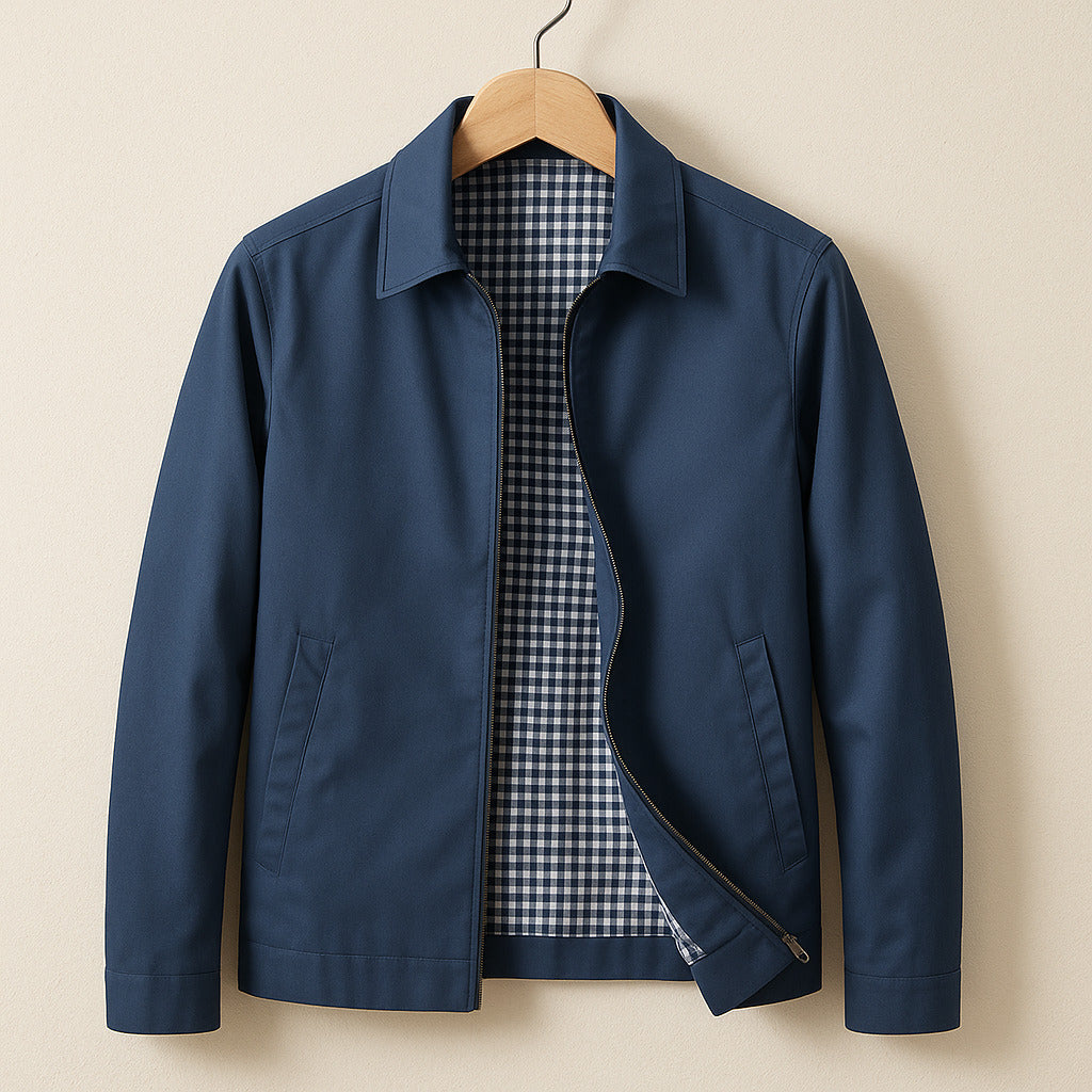 Men's Zipper Jacket with Pointed Collar and Plaid Lining