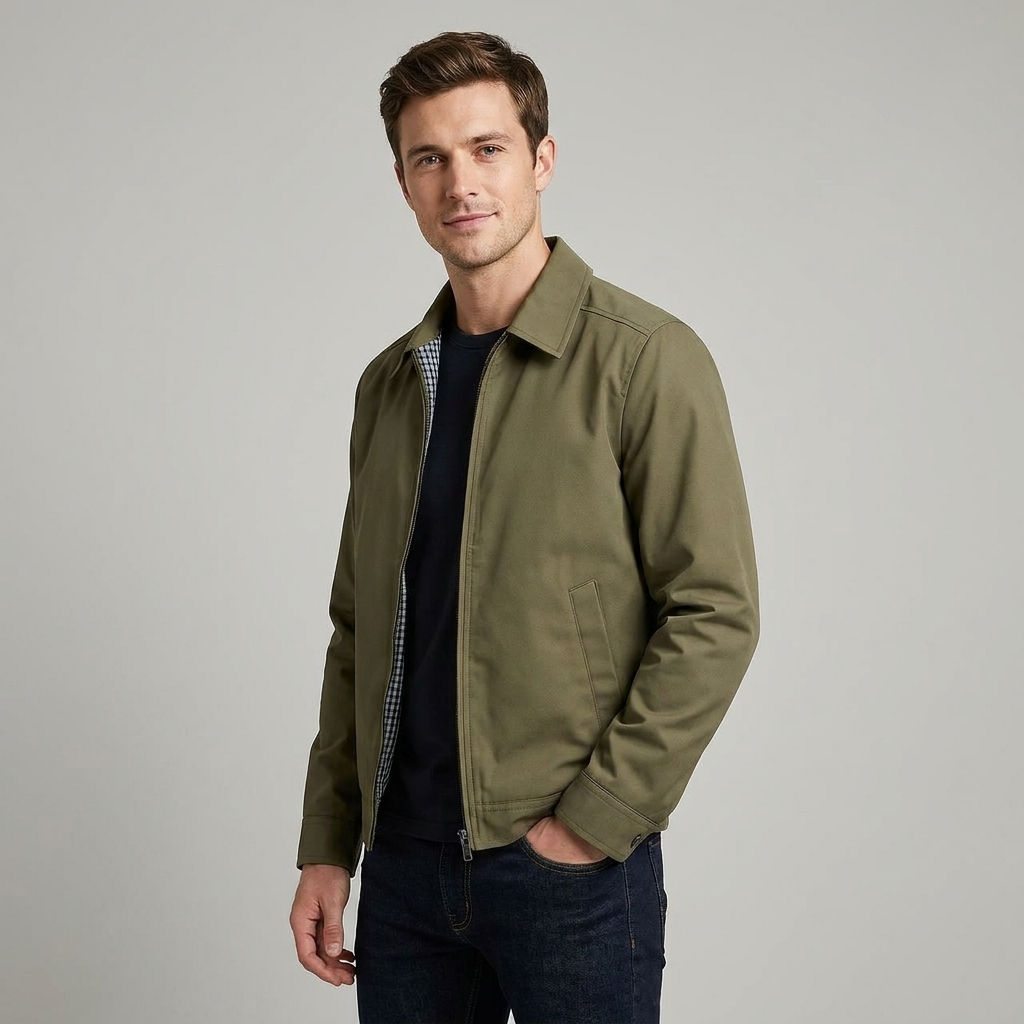 Men's Zipper Jacket with Pointed Collar and Plaid Lining