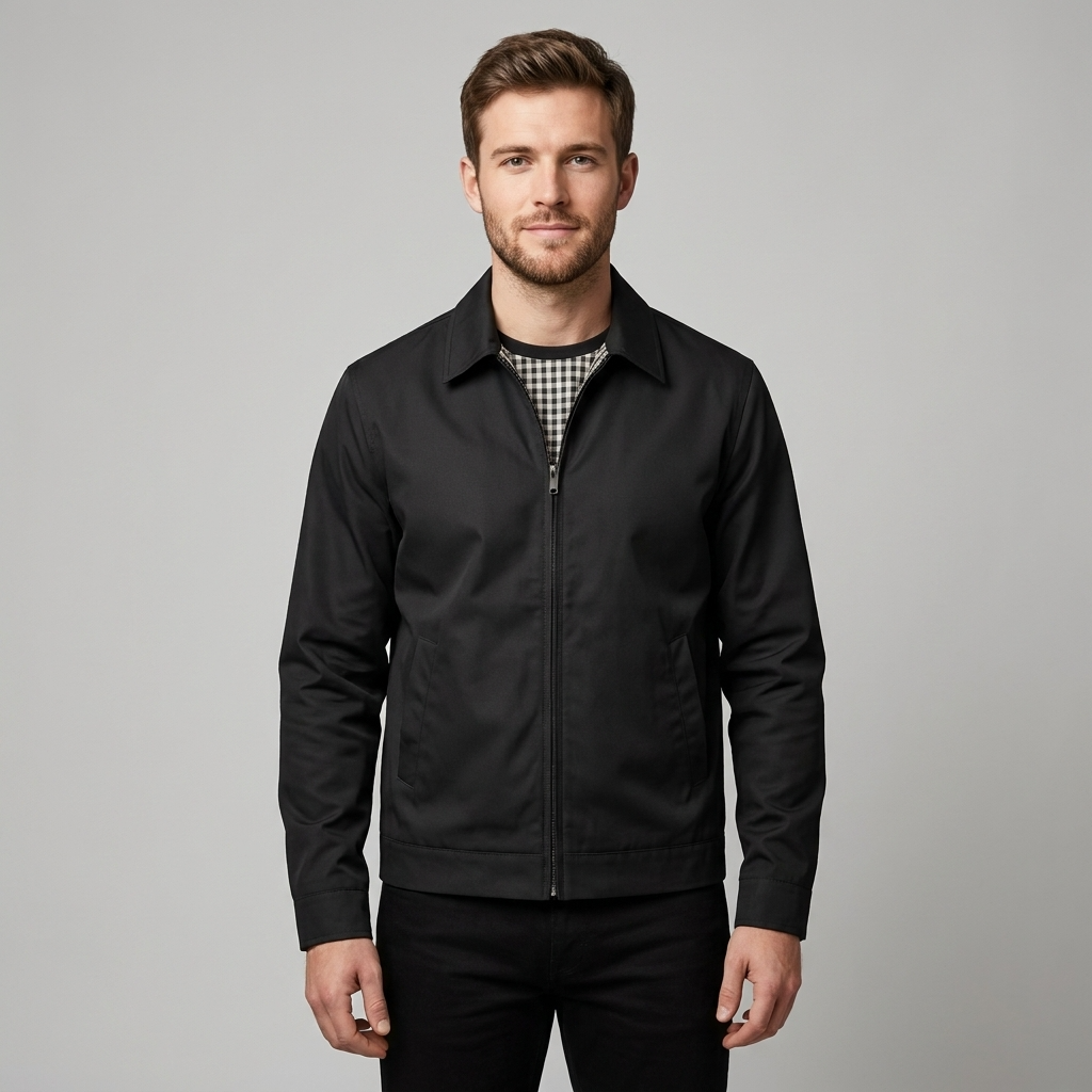Men's Zipper Jacket with Pointed Collar and Plaid Lining