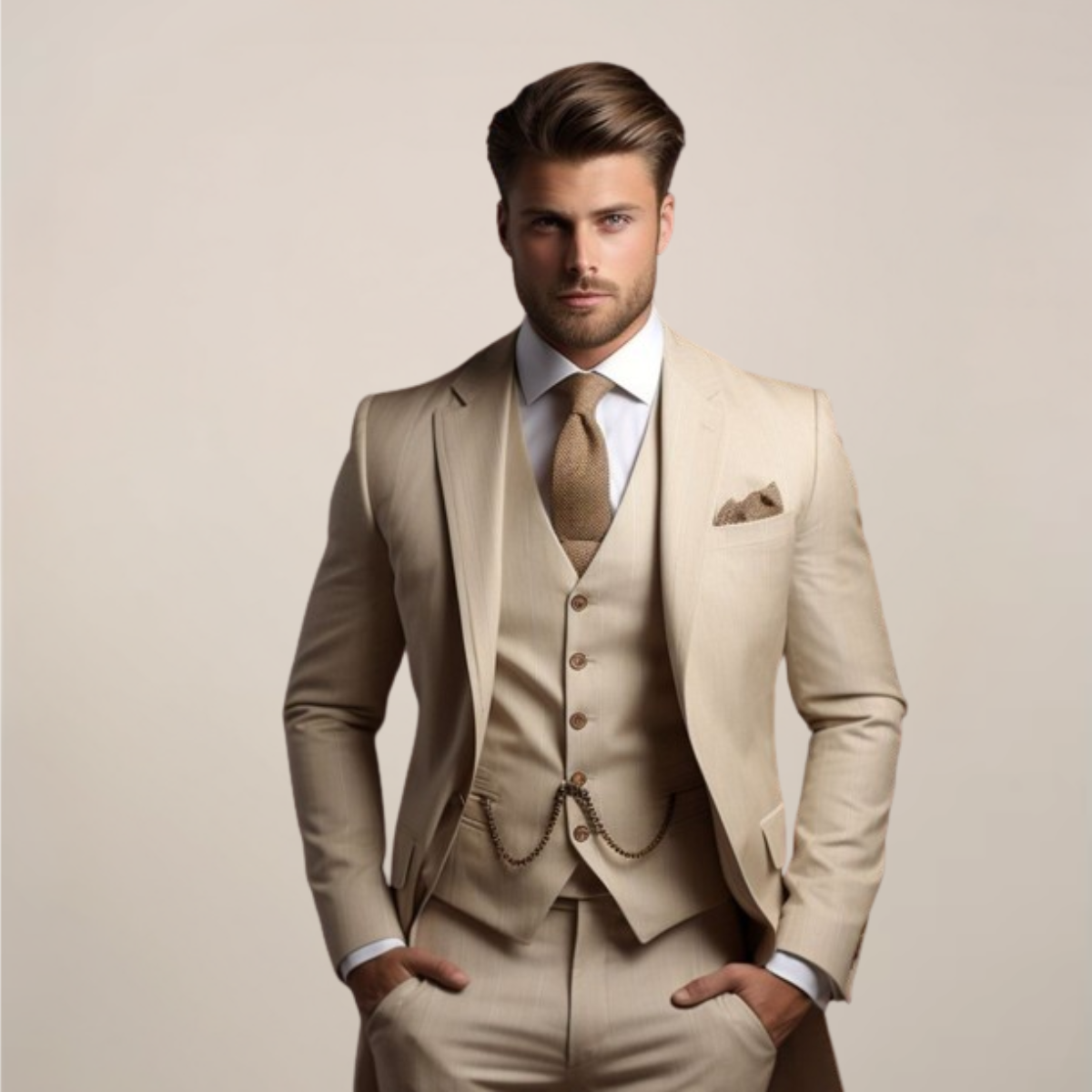 Men's Three-Piece Suit with Jacket, Button-Front Vest and Pants
