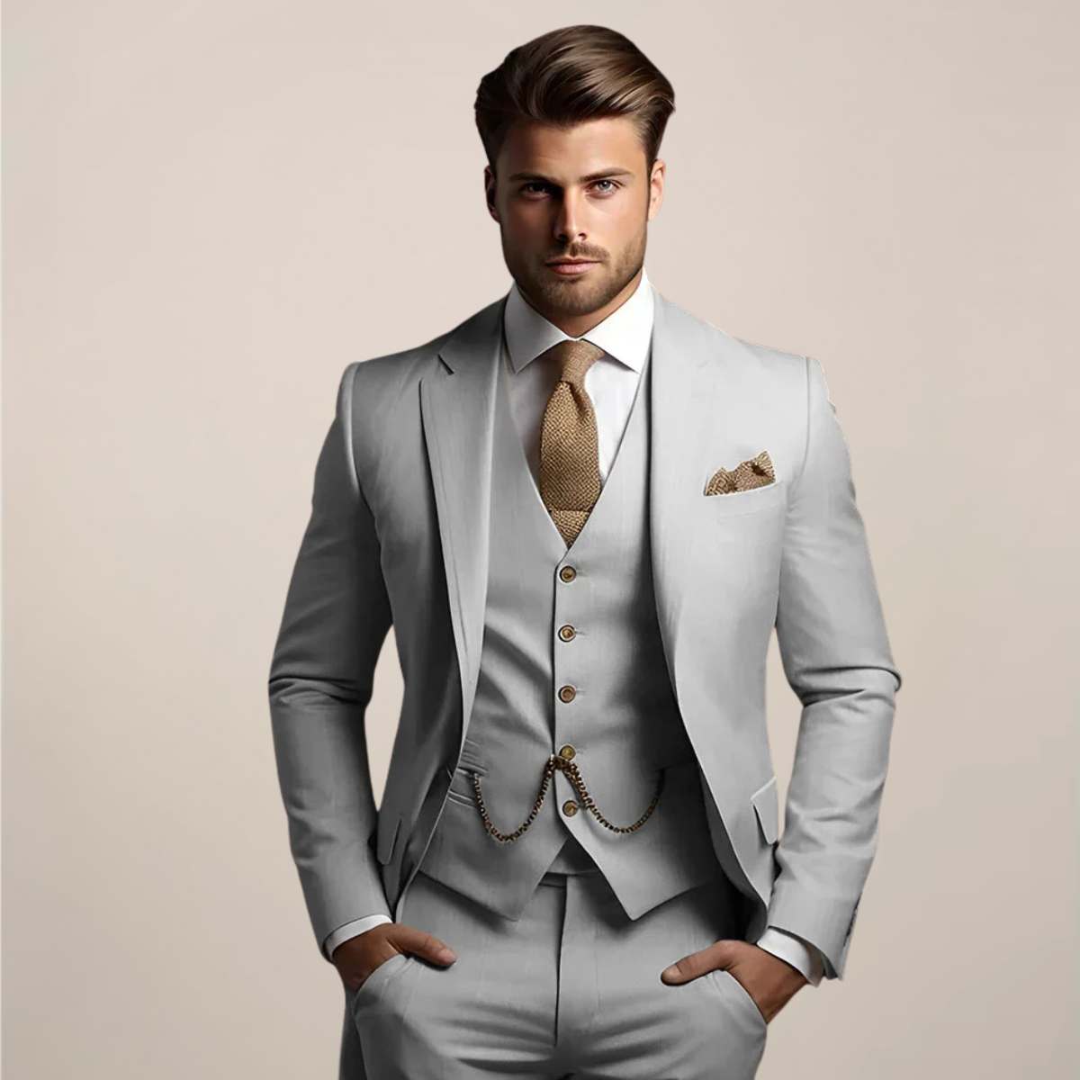 Men's Three-Piece Suit with Jacket, Button-Front Vest and Pants