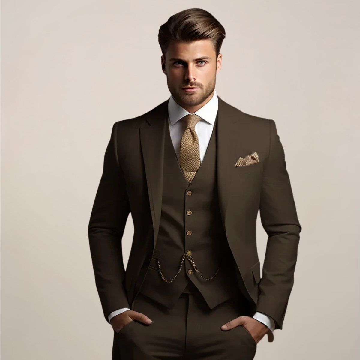 Men's Three-Piece Suit with Jacket, Button-Front Vest and Pants