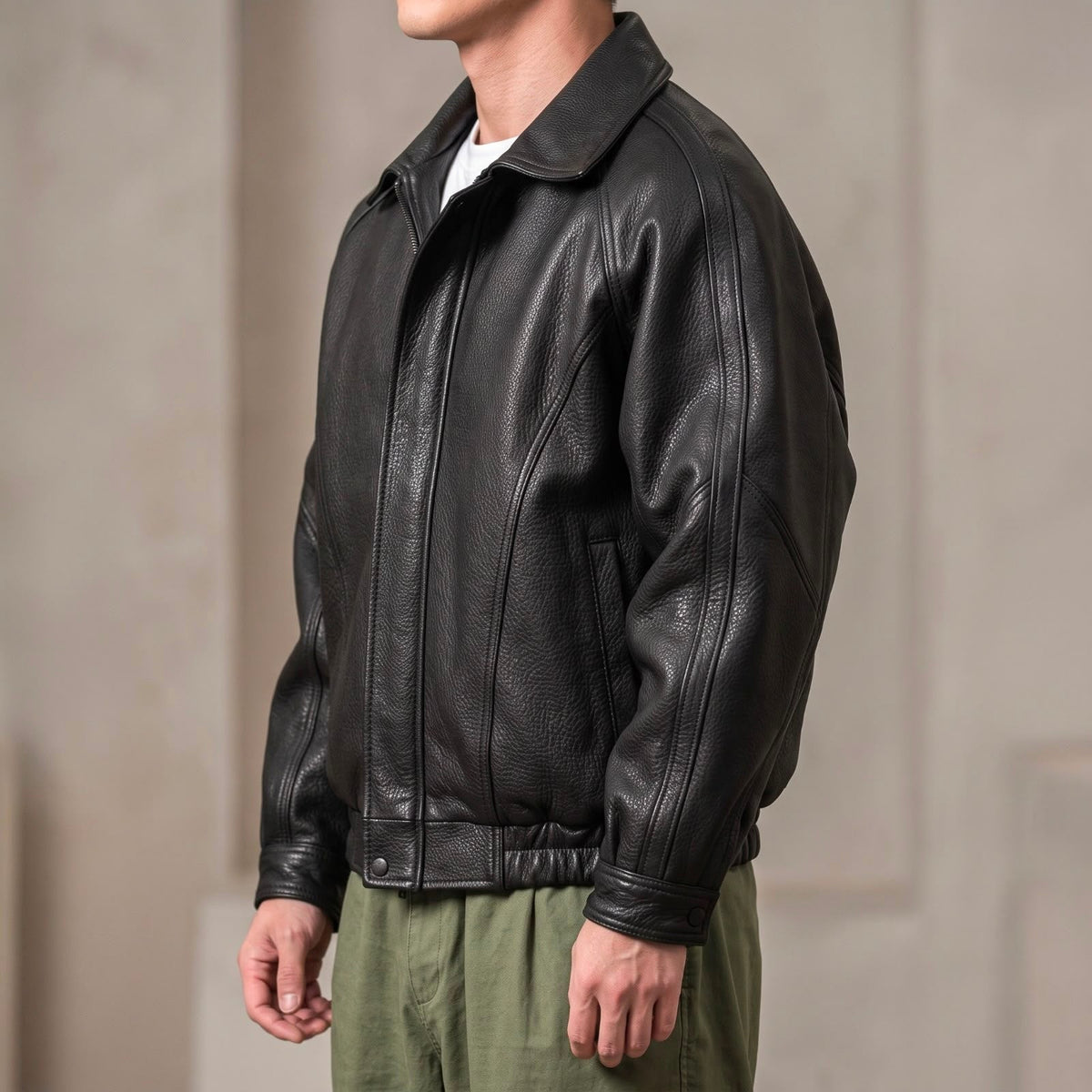 Men's Black Zipper Jacket with Pointed Collar and Gathered Hem