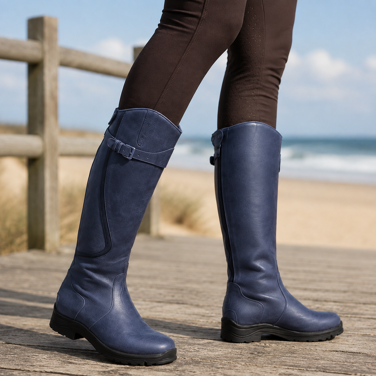 Women's Knee-High Riding Boots with Buckle Straps and Side Zipper