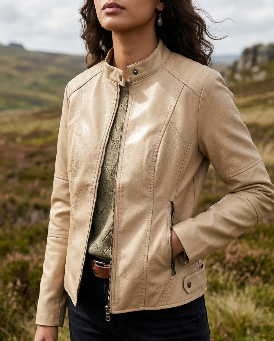 Women's Cropped Stand-Collar Zipper Jacket with Side Zip Details