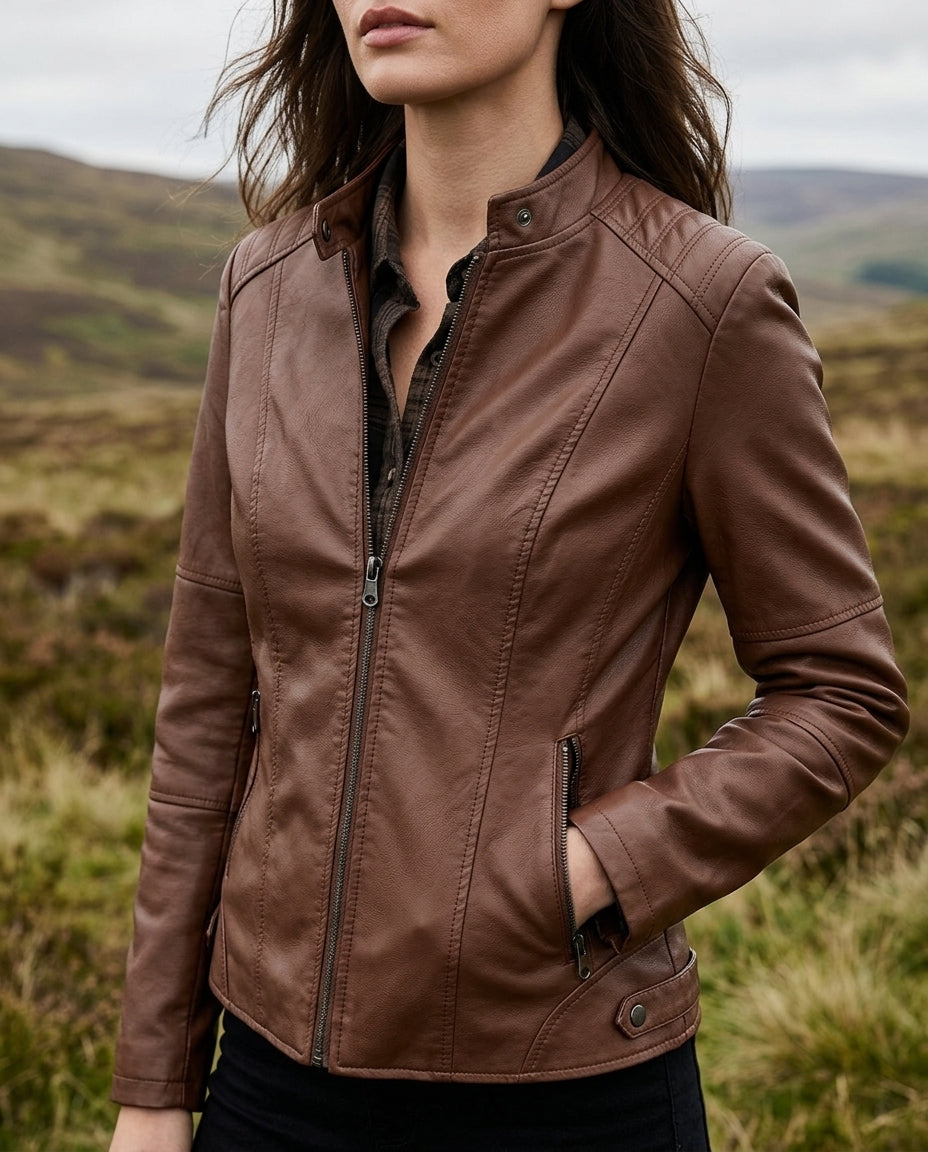 Women's Cropped Stand-Collar Zipper Jacket with Side Zip Details