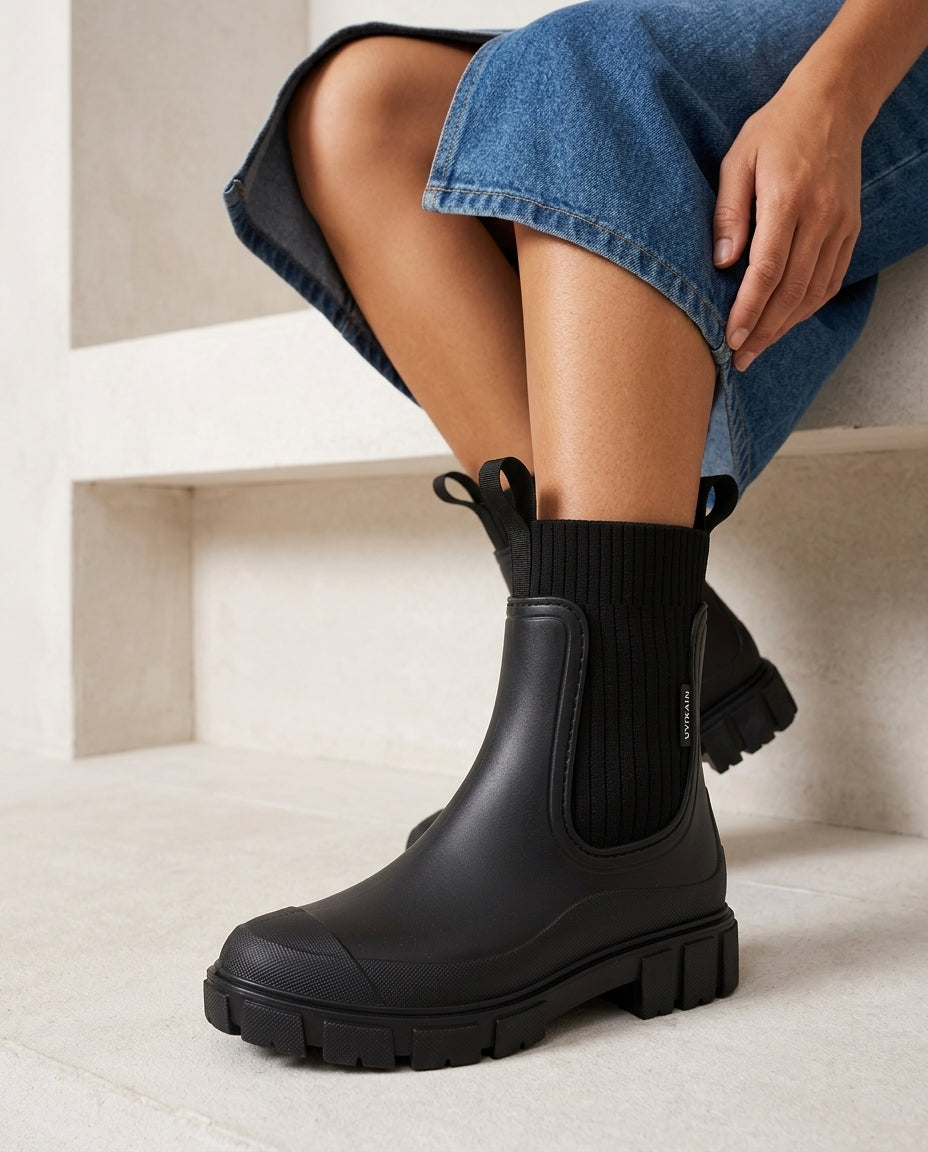 Women's Pull-On Ankle Boots with Side Panels and Textured Sole
