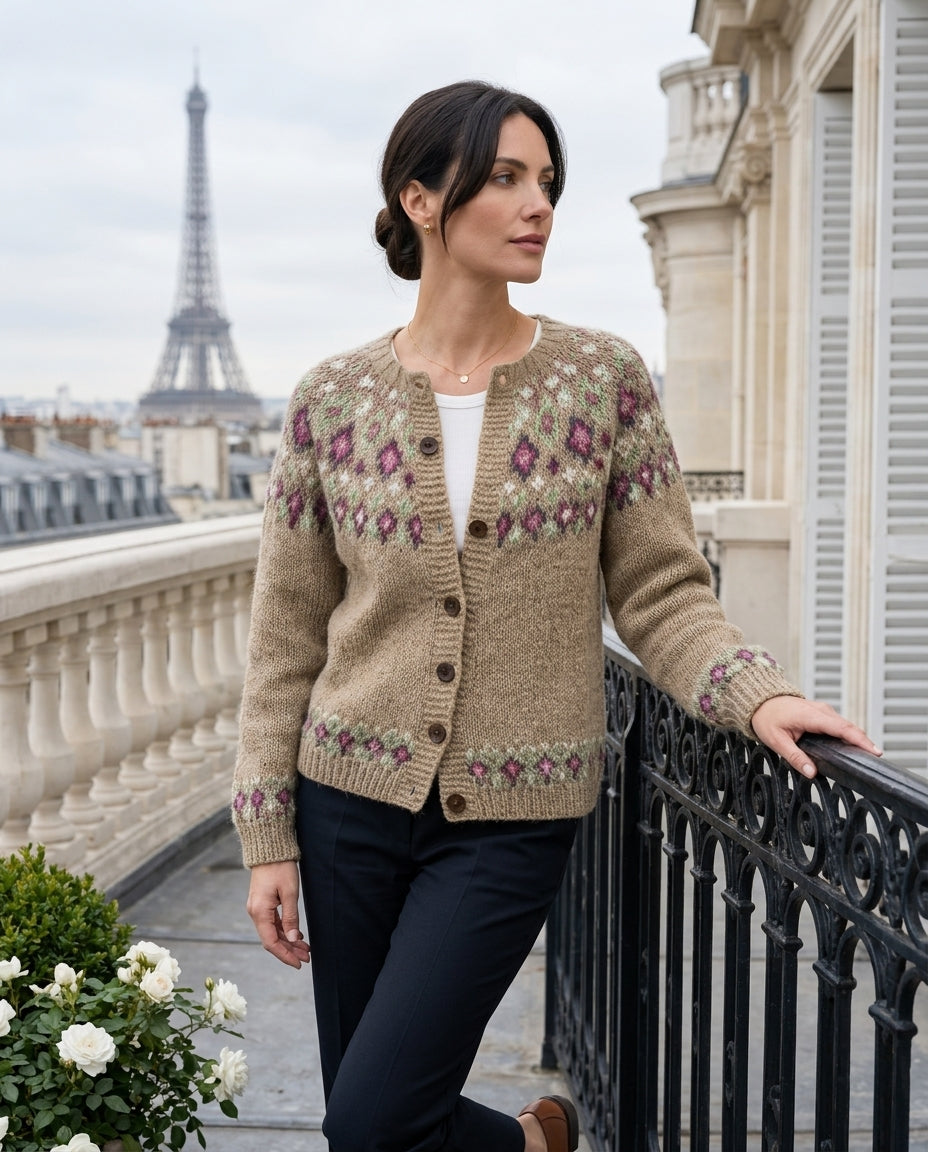 Women's Fair Isle-Style Yoke Cardigan with Buttons and Ribbed Edges