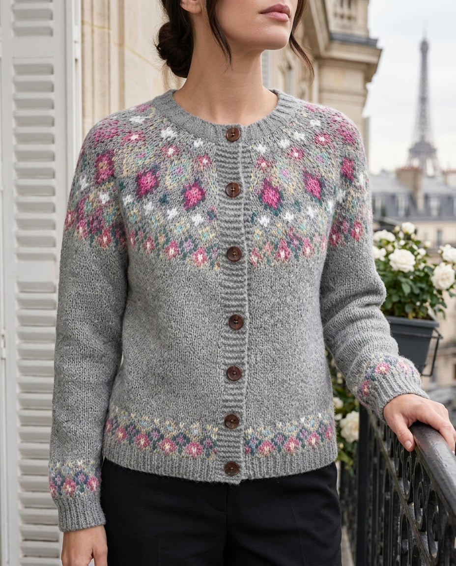 Women's Fair Isle-Style Yoke Cardigan with Buttons and Ribbed Edges