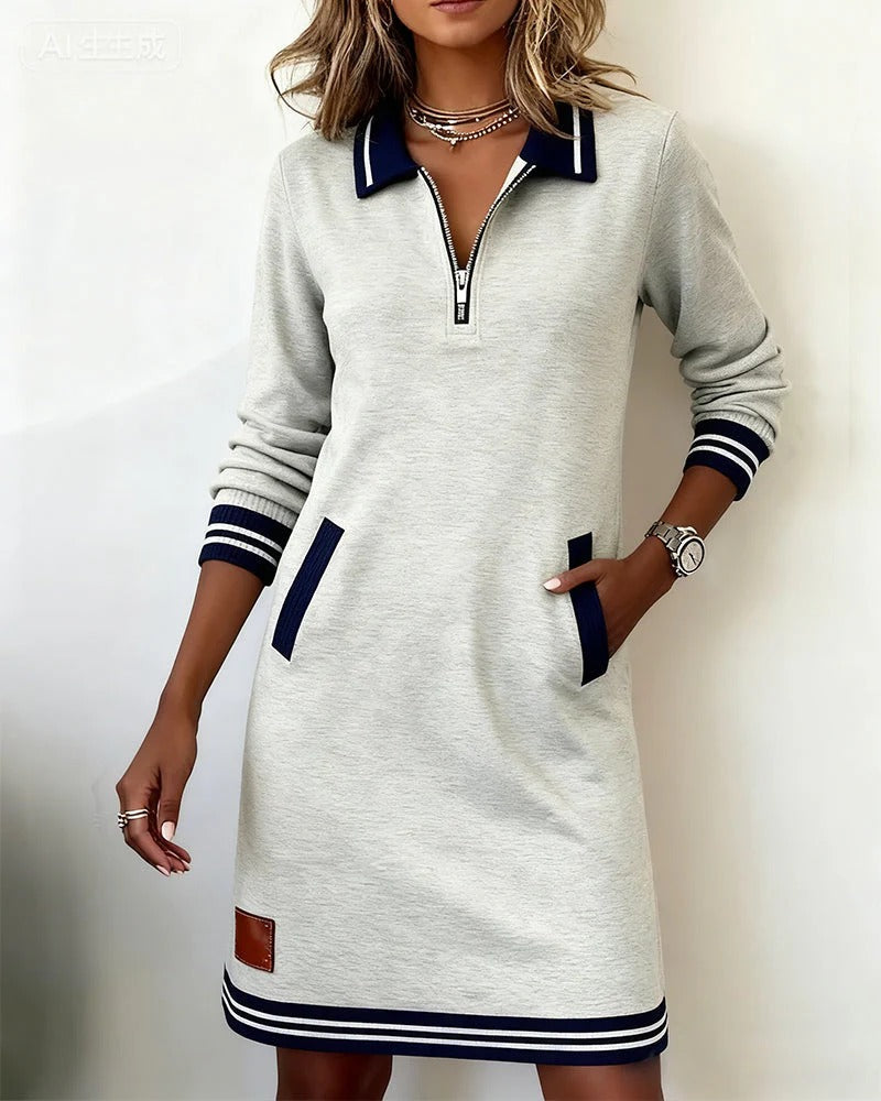 Women's Quarter-Zip Sweatshirt Dress with Striped Cuffs and Pockets