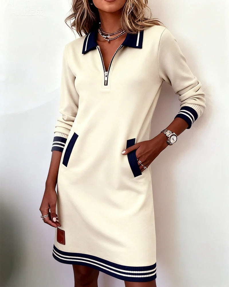 Women's Quarter-Zip Sweatshirt Dress with Striped Cuffs and Pockets