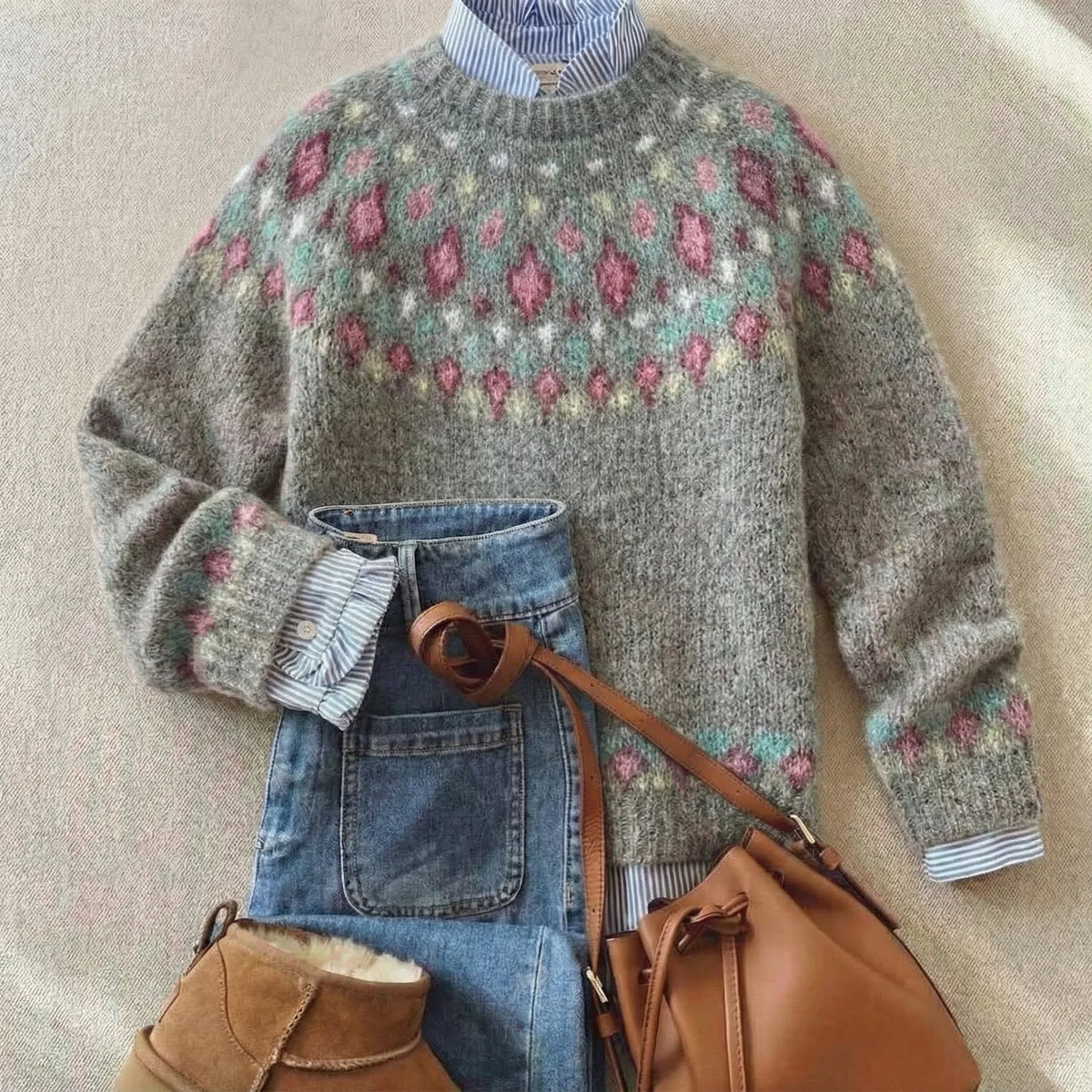 Women's Fair Isle-Style Knit Sweater with Crewneck and Patterned Yoke