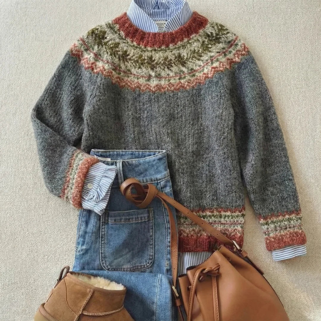 Women's Fair Isle-Style Knit Sweater with Crewneck and Patterned Yoke