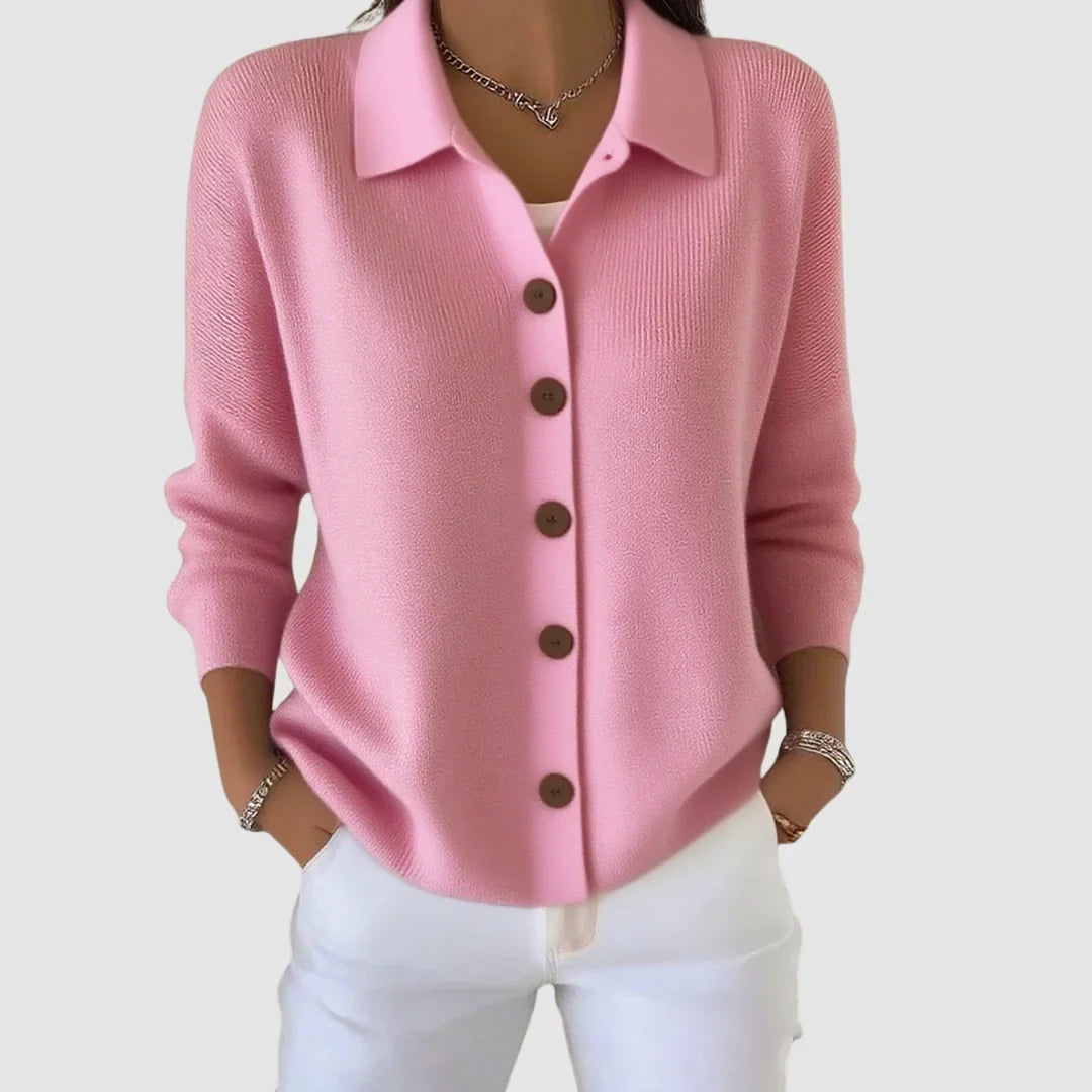 Women's Collared Knit Cardigan with Button Front and Ribbed Cuffs