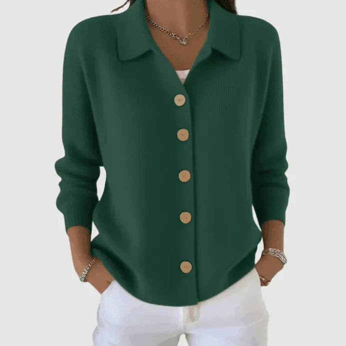 Women's Collared Knit Cardigan with Button Front and Ribbed Cuffs